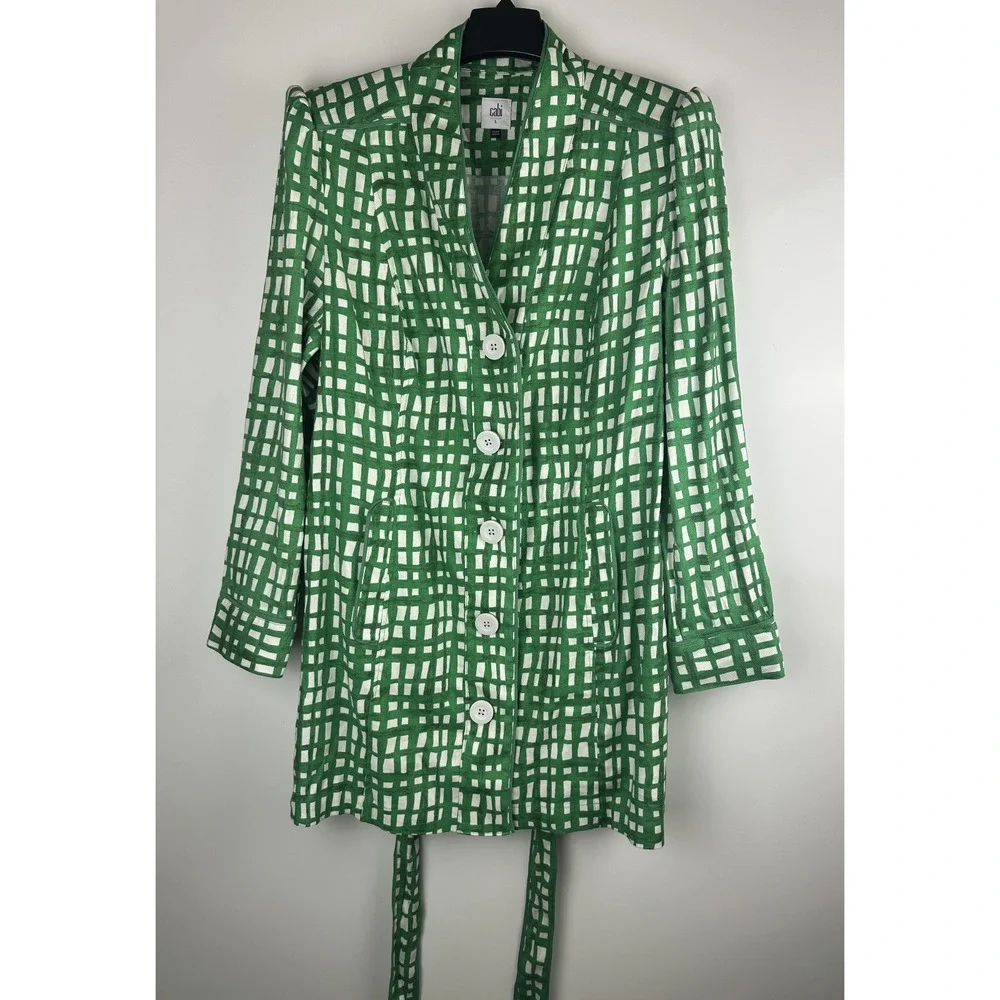 CABI Circuit Jacket Linen Blend Kelly Green & White Belted Size Large Style 6025 - Picture 2 of 16
